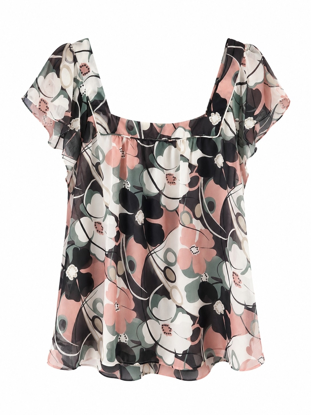 RW&CO. Square-Neck Floral Flutter Sleeve Blouse in Pink, Black & Cream Sz XL